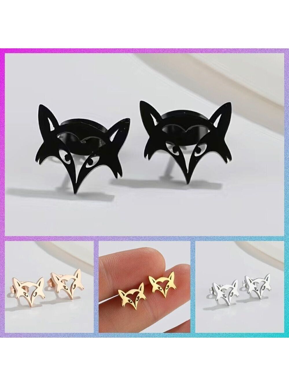 Fox Face Stainless Steel Stud Earrings #816 (Color: Black)